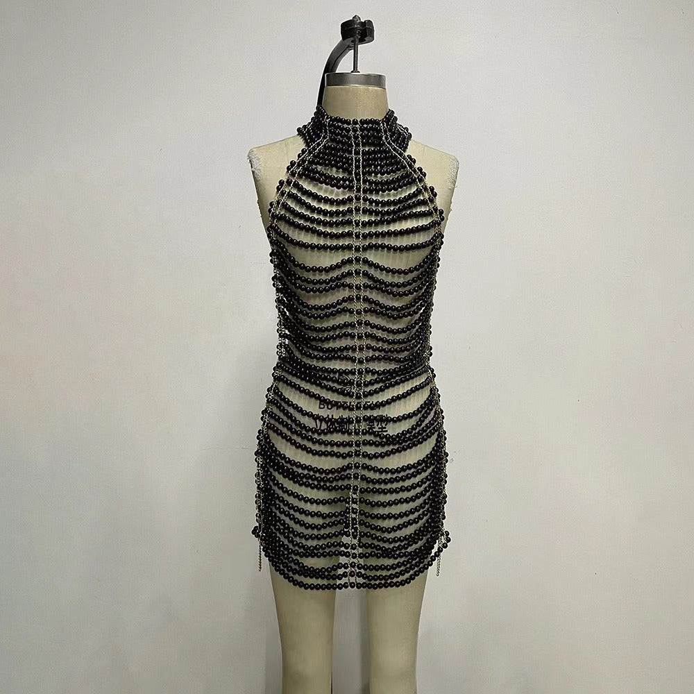 Beaded sexy backless hollowed out neckline dress, banquet party performance dress