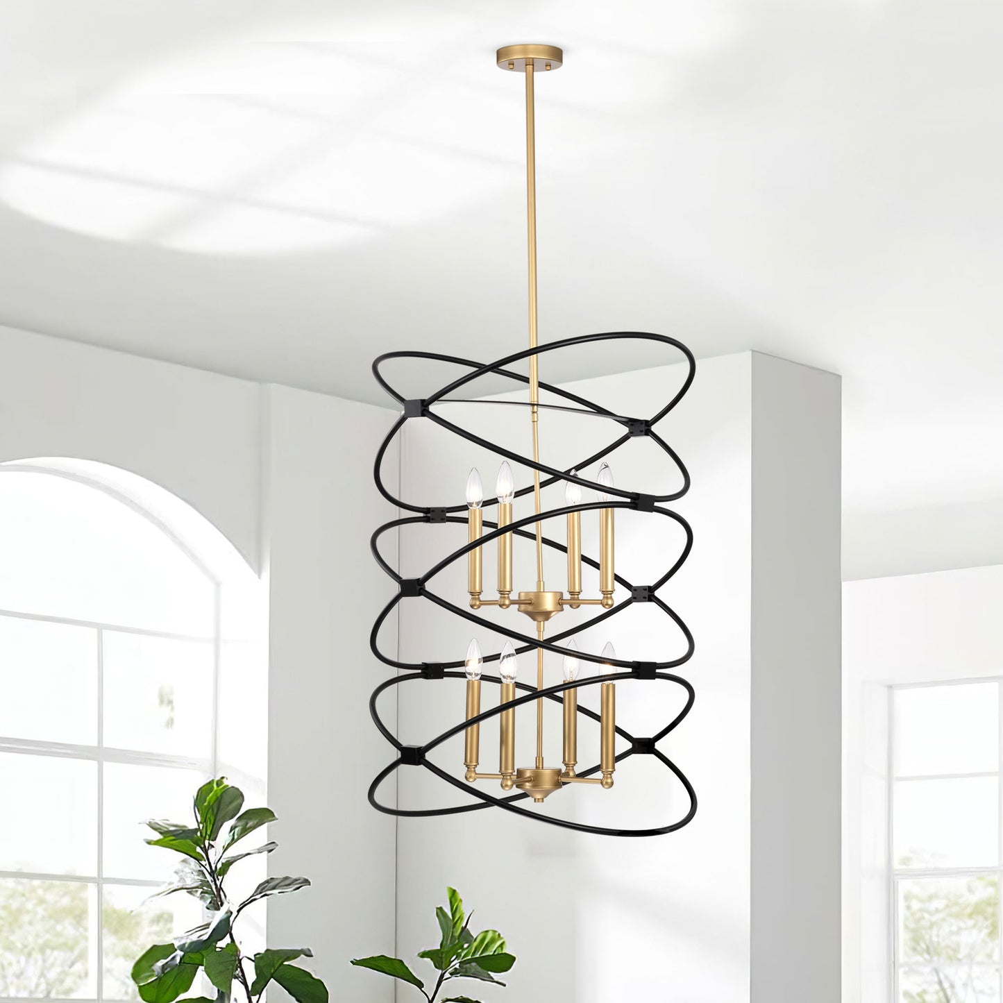 Transitional Gold/Matte Black Metal Chandelier Fixture, 8 lights, 2-Tier-Candle Ceiling Light for Living Room, Bedroom