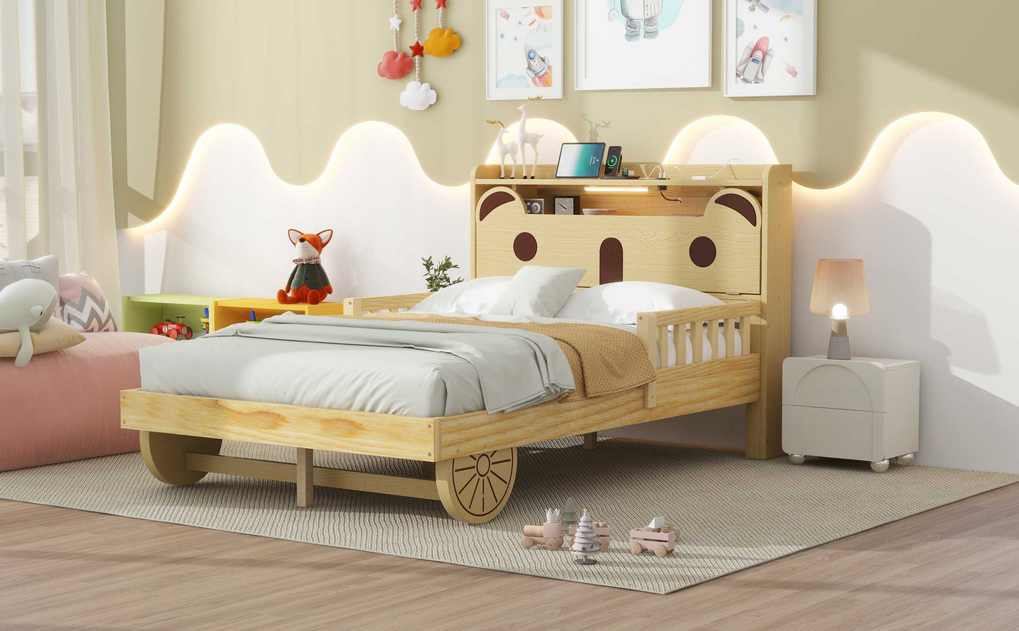 Full Size Car Bed with Bear-Shaped Headboard  USB and LED  Natural