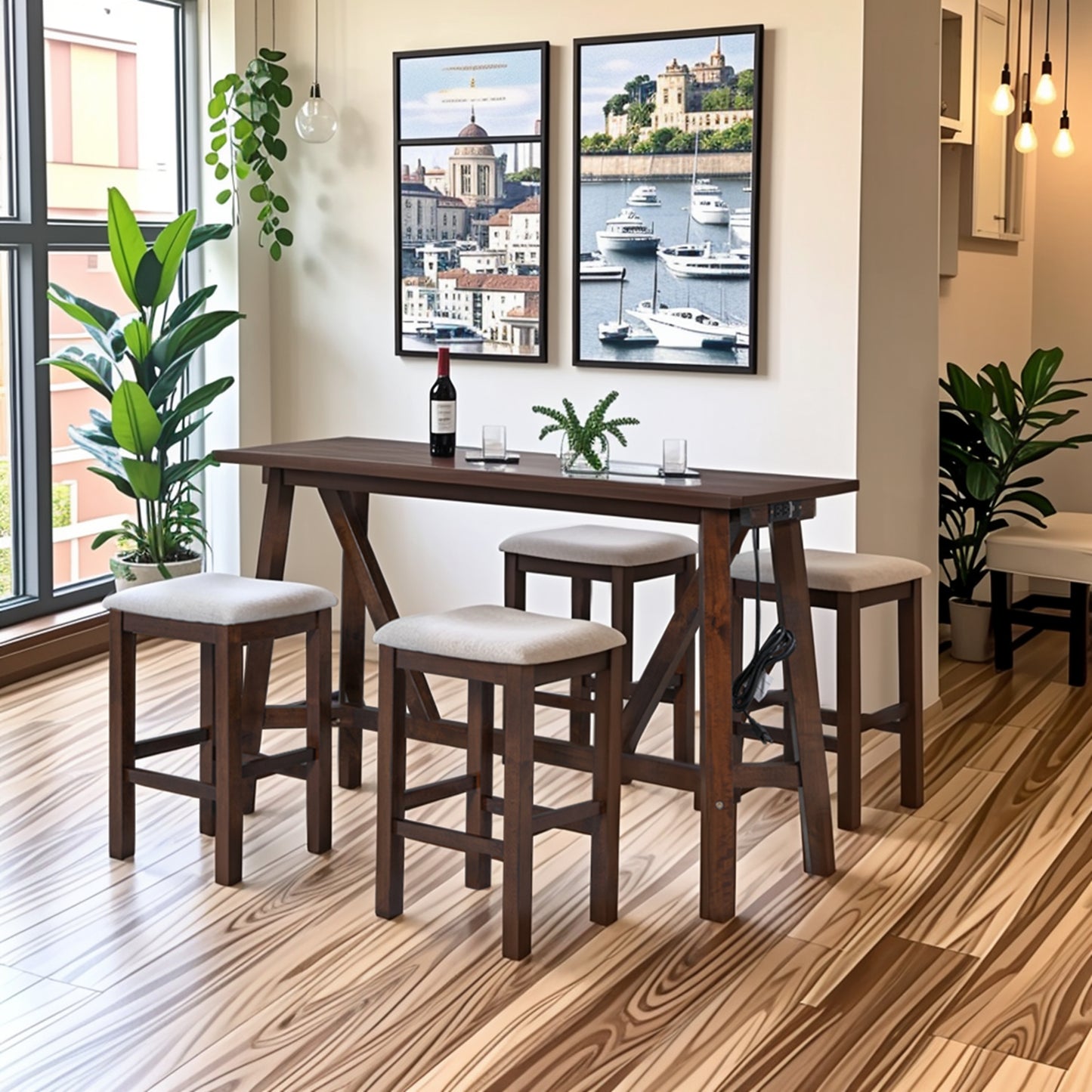 Modern 5-Piece Dining Table Set with Power Outlets Bar Kitchen Table Set