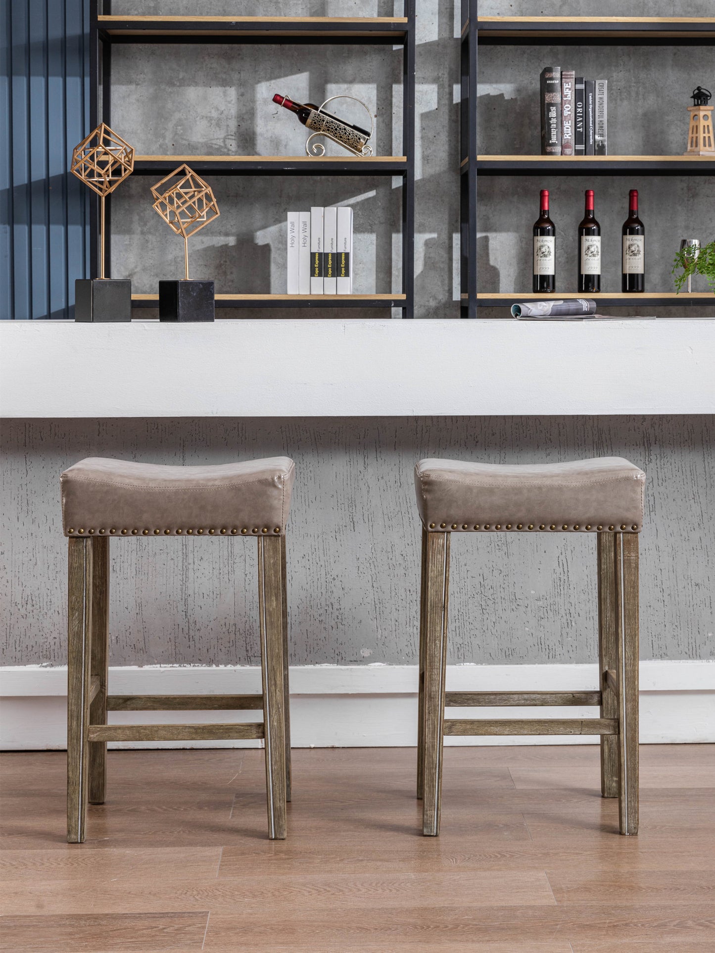 Counter Height 29" Bar Stools for Kitchen Counter Backless Faux Leather Stools Farmhouse Island Chairs (29 Inch Gray Set of 2)