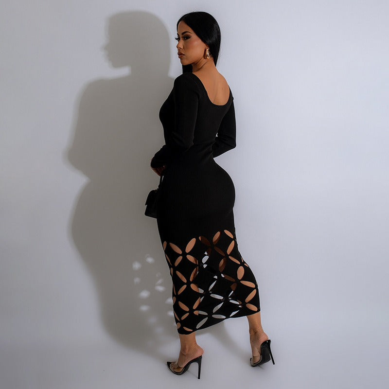 Solid color round neck long sleeved hollow wrap buttocks high waisted dress