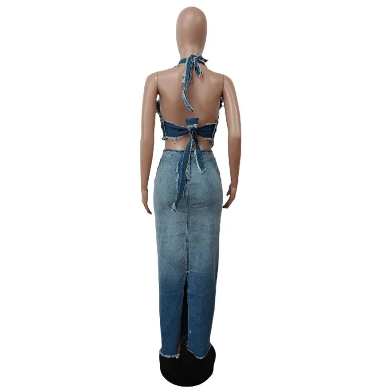 Gradient Jeans Two Piece Set Women Tassel Sexy Lace Up Halter Irregular Vest Crop Top Back Split Bodycon Maxi Skirts Denim Suit