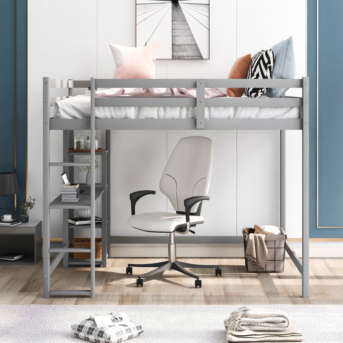 Full Size Loft Bed with Built-in Desk and Shelves Gray