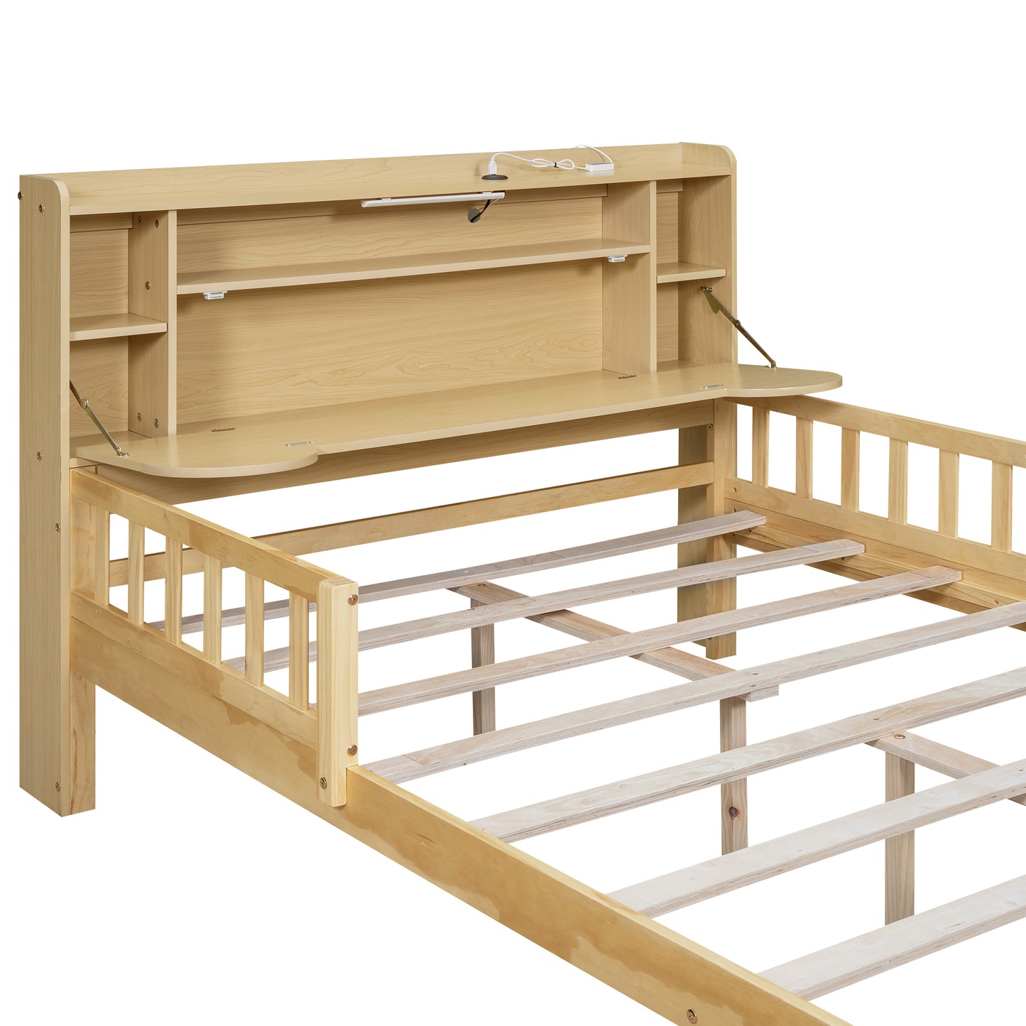 Full Size Car Bed with Bear-Shaped Headboard  USB and LED  Natural