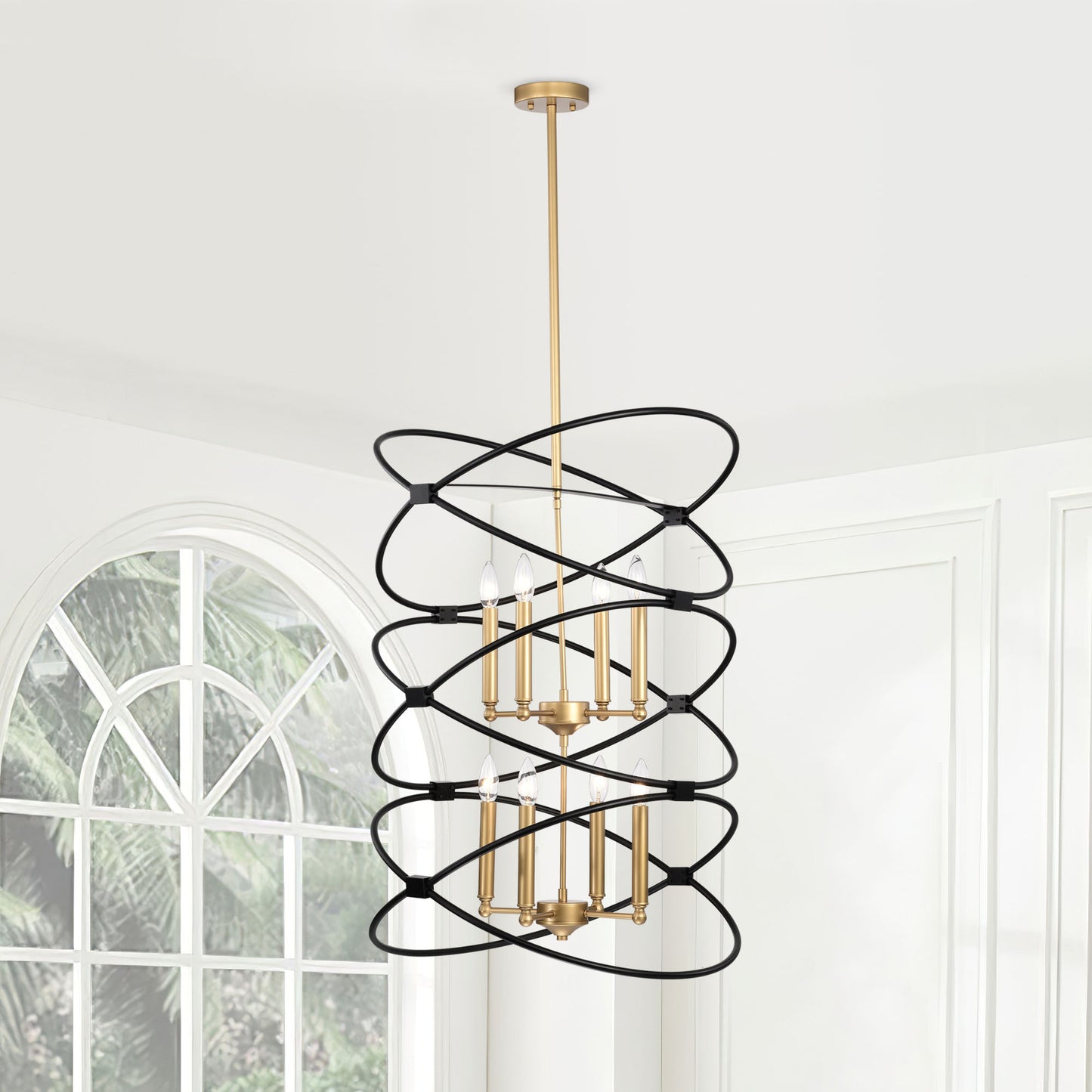 Transitional Gold/Matte Black Metal Chandelier Fixture, 8 lights, 2-Tier-Candle Ceiling Light for Living Room, Bedroom