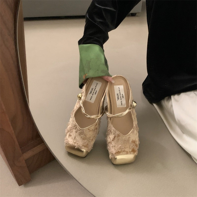 Gentle New Chinese Style Retro Chinese Style Baotou Half Slippers Women's Soft Sole French Sandals