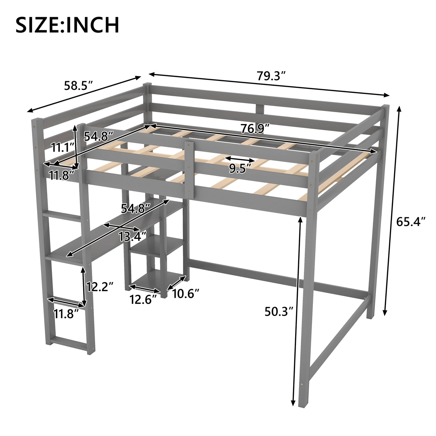 Full Size Loft Bed with Built-in Desk and Shelves Gray