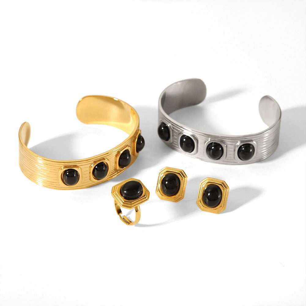 Geometric inlaid gemstone bracelet, stainless steel earrings, open ring, high-end women